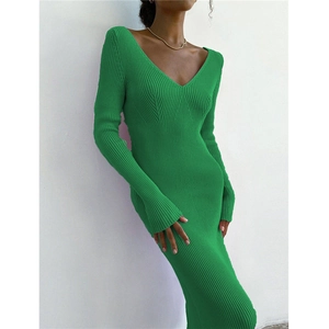 Slim fit bright green V-neck ribbed knit midi dress with long sleeves for women