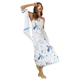 White summer maxi dress with blue hand-painted prints and sexy backless halter neck design
