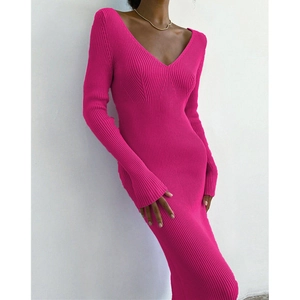 Slim fit fuchsia V-neck ribbed knit maxi dress with long sleeves for women