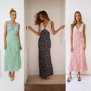 Women's Patchwork Floral Print Sleeveless V-Neck Maxi Dress High Waist Summer Vacation A-Line Casual Long Dress