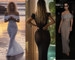 Detail view of sheer mesh off-the-shoulder slim fit maxi dress in white, black and grey