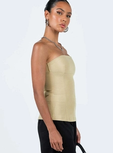 Side view of olive green strapless corset top featuring structured vertical paneling seam