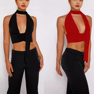Haut Court Dos Nu Sexy pour Femmes Couleur Unie Débardeur Col en V Sans Manches Avec Écharpe à Serpentin pour Fête Club