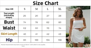 Detailed size chart for sexy white camisole top and tie-waist skirt two-piece set