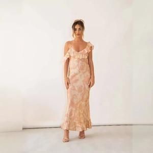 Peach pink floral satin maxi dress with spaghetti straps and ruffle V-neckline