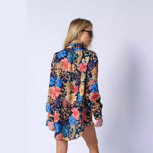 Women's oversized long sleeve navy shirt with floral and tiger print pattern