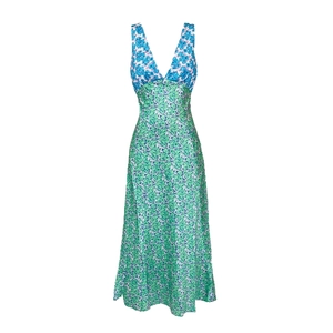 High-waist floral print sleeveless maxi dress with deep V-neck and colorblock design