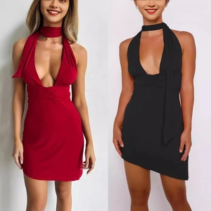 Vestito da Donna Halter Sexy Scollo a V Profondo Aderente Increspato Mini Abito Tinta Unita Senza Maniche Festa Clubwear Poliestere