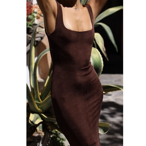 Slim fit dark brown square neck sleeveless bodycon dress in premium velvet finish