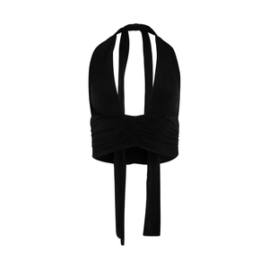 Haut court dos nu noir chic avec détails froncés et liens de taille polyvalents