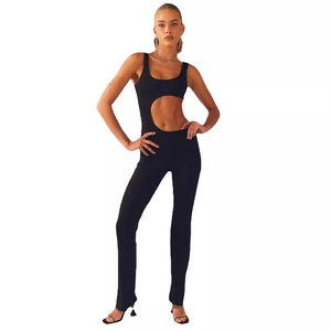 Minimalist black cut-out sleeveless jumpsuit with slim fit and round waist opening