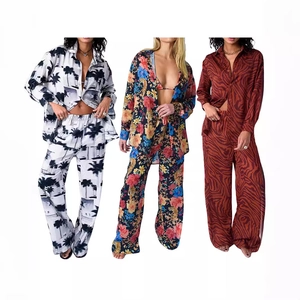 Chemise en Satin Imprimé à Manches Longues Et Pantalon à Jambes Larges pour Femmes Vêtements de Détente Vacances Tropical