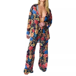 Ensemble 3 pièces en satin pour femme avec chemise imprimée fleurie et pantalon