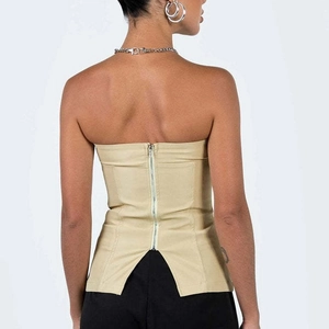 Sleek khaki strapless corset top featuring a back zipper closure and a slit hem design