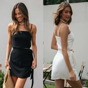 Sexy Sleeveless Crop Top And Wrap Mini Skirt Solid Cotton Linen Patchwork Smocked Tie Summer Beach Outfit Top And Bottom