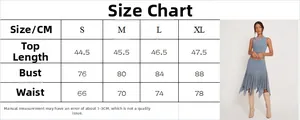 Detailed size chart in CM for summer slim fit sleeveless mesh crop top and skirt set