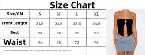 Size chart for slim fit button front tube top with measurements for bust and waist in CM