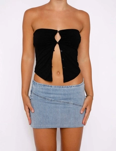 Detailed view of black single-breasted strapless knit top with elegant front button details