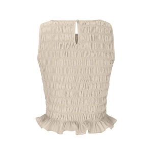 Detail of smocked texture and back teardrop button closure on beige ruffled top