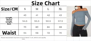Size chart detail for slim fit long sleeve off-shoulder mesh top with cm measurements