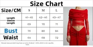 Detailed size chart for the mesh off-shoulder slim top and skirt set in red
