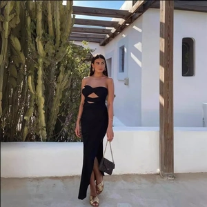 Sexy Rückenfrei Cut-Out Bandeau Kleid Mit Hohem Schlitz Slim Fit Bodycon Sommerurlaub Party Maxikleid Damen Lange Kleider