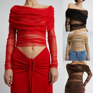 Women Sexy Mesh Off-The-Shoulder Ruched Top Slim Fit Long Sleeve Sheer Breathable T-Shirt For Party Clubwear Fashion Solid