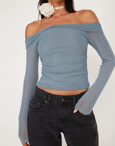 Slim fit ruched mesh long sleeve off-shoulder top in elegant Morandi grey blue color