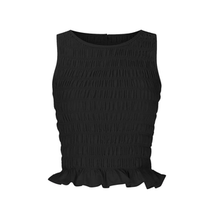 Detail of black smocked sleeveless top with ruffled hem and elastic pleated texture