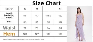 Detailed size chart in CM for the ruffled slit dress, covering sizes S to XL measurements