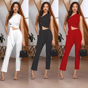 Ensemble Top Court Une Épaule et Bas Femme Sexy Taille Ajourée à Lacet Deux Pièces Couleur Unie Pantalon Longueur Cheville Survêtement