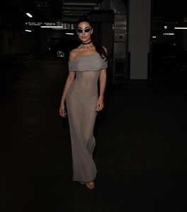 Slim fit grey off-the-shoulder sheer mesh maxi dress with elegant folded neckline detail