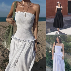 Damen Trägerloses Gerafftes Maxikleid Elegante Hohe Taille Rüschensaum Slim Fit Gecrinkelt Einfarbig Strandurlaub Partykleid