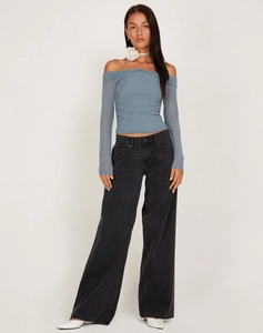 Fashionable ruched mesh off-shoulder long sleeve top with high-waist wide-leg jeans