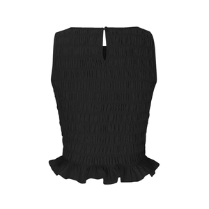 Detail of black smocked sleeveless top featuring elastic fabric and ruffled hemline