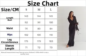 Size chart for women's V-neck ruffle maxi dress with bust and length measurements