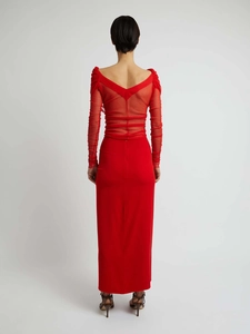 Detailed back view of a red mesh bodycon dress with an elegant deep V-neckline
