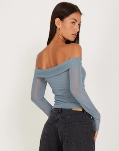 Slim fit long sleeve off-the-shoulder blue mesh top for women shown from a side view