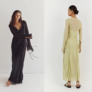 Women Sexy V-Neck Sheer Chiffon Maxi Dress Long Sleeve Ruffle Loose Fit Beach Vacation Party Long Dress