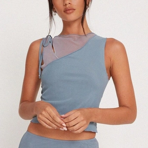 Women's slim fit sleeveless mesh crop top in dusty blue with stylish tie-up detail