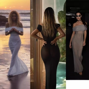 Women's Sexy Off-shoulder Mesh Sheer Maxi Dress Elegant Slim Fit Bodycon Floor Length Solid Color Beach Party Dress