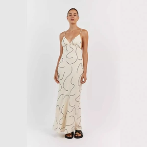 Women Sexy Deep V Neck Backless Sling Maxi Dress Abstract Line Print Cotton Linen Blend Summer Sleeveless Long Dress