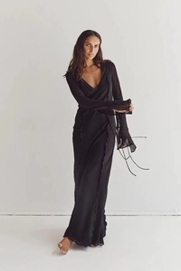 Close-up of deep V-neck and ruffled textures on a sheer black long sleeve chiffon dress