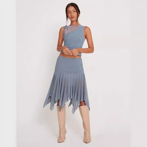 Slim fit two-piece set with mesh sleeveless top and irregular skirt in grayish blue