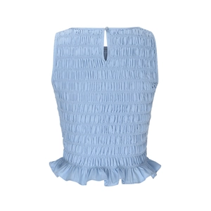 Detail view of light blue smocked sleeveless top with back keyhole button and ruffle hem