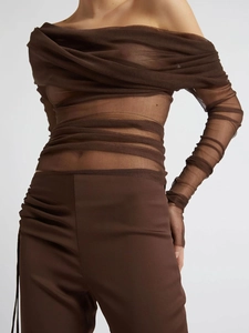 Detailed close-up of dark brown mesh off-shoulder top with ruching and layered texture