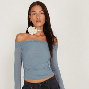 Women Sexy Off Shoulder Mesh Long Sleeve T-Shirt Ruched Slim Fit Cropped Top Streetwear Grey Haze Blue Fashion Tee
