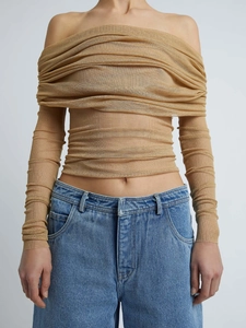 Detail of slim fit mesh off-shoulder top in khaki with gathered pleats and long sleeves