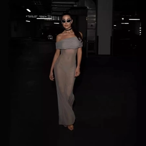 Slim fit off-shoulder mesh maxi dress in grey with semi-transparent fabric and bodycon style