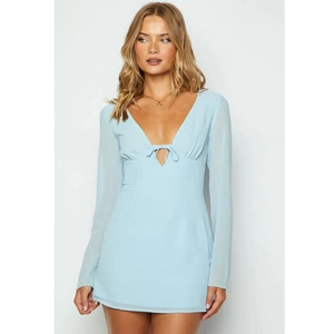 Robe Mini Femme Sexy Col en V à Lacets Manches Longues Élégante Couleur Unie Chiffon Moulante Fête Vacances Robe Courte